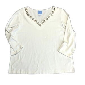 Lark Lane Woman White Embellished Detail V-Neck 3/4 Sleeve T-Shirt Top Size 1X